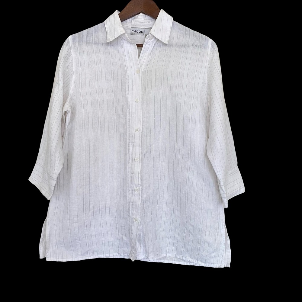 Chicos White Striped Ramie Cotton Button Down Shirt Metallic‎ Accent Size 1 M